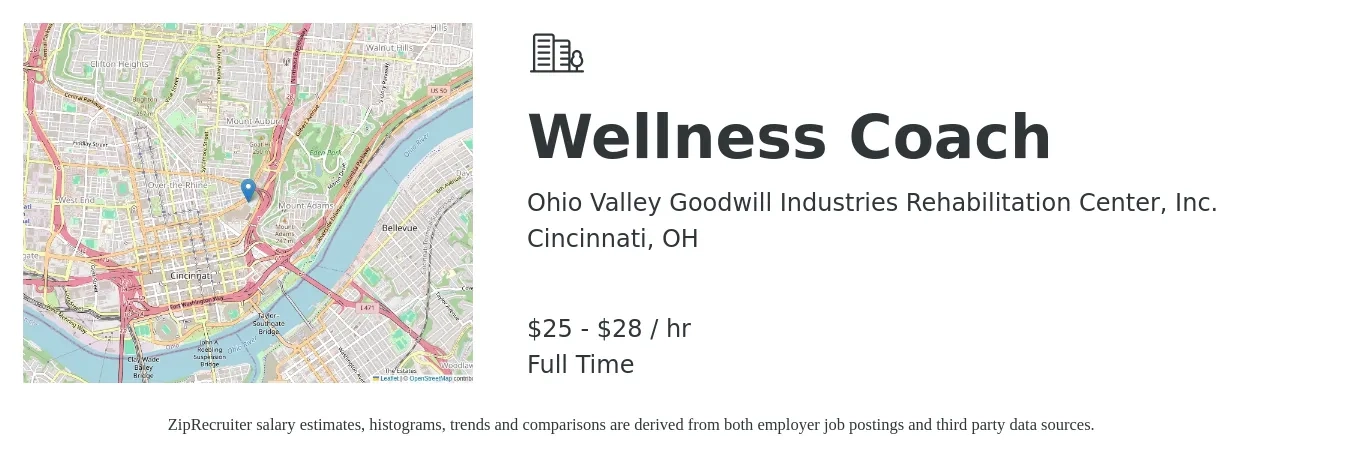 Ohio Valley Goodwill Industries Rehabilitation Center, Inc. job posting for a Wellness Coach in Cincinnati, OH with a salary of $26 to $30 Hourly with a map of Cincinnati location.
