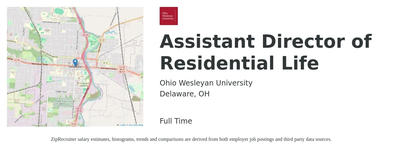 Ohio Wesleyan University job posting for a Assistant Director of Residential Life in Delaware, OH with a salary of $42,200 to $84,900 Yearly with a map of Delaware location.