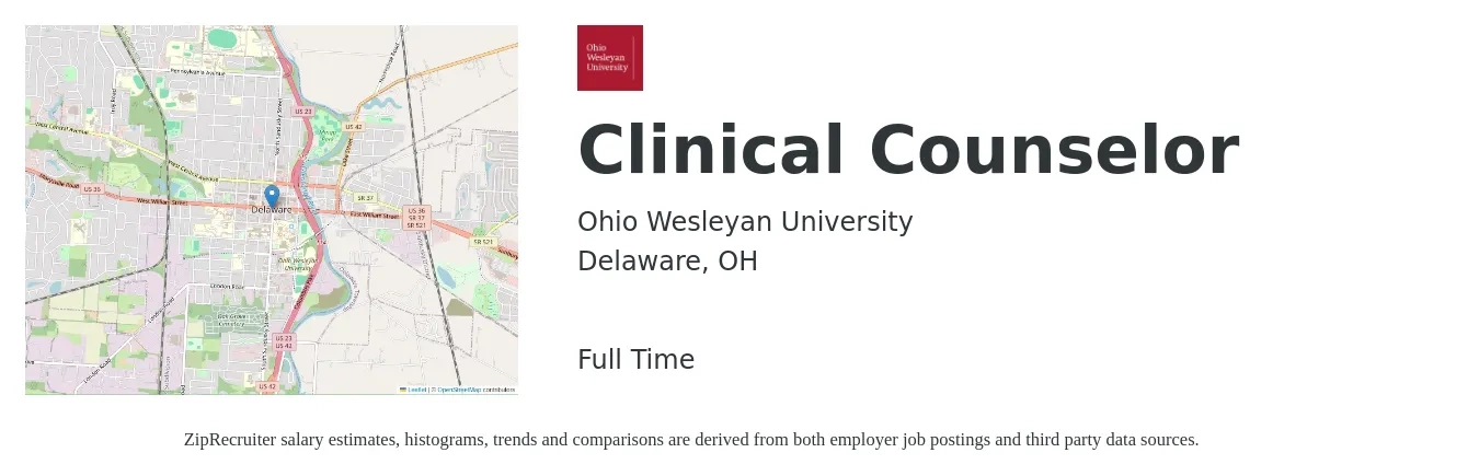 Ohio Wesleyan University job posting for a Clinical Counselor in Delaware, OH with a salary of $56,500 to $74,500 Yearly with a map of Delaware location.
