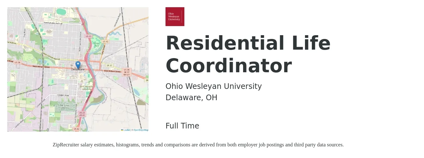 Ohio Wesleyan University job posting for a Residential Life Coordinator in Delaware, OH with a salary of $18 to $24 Hourly with a map of Delaware location.
