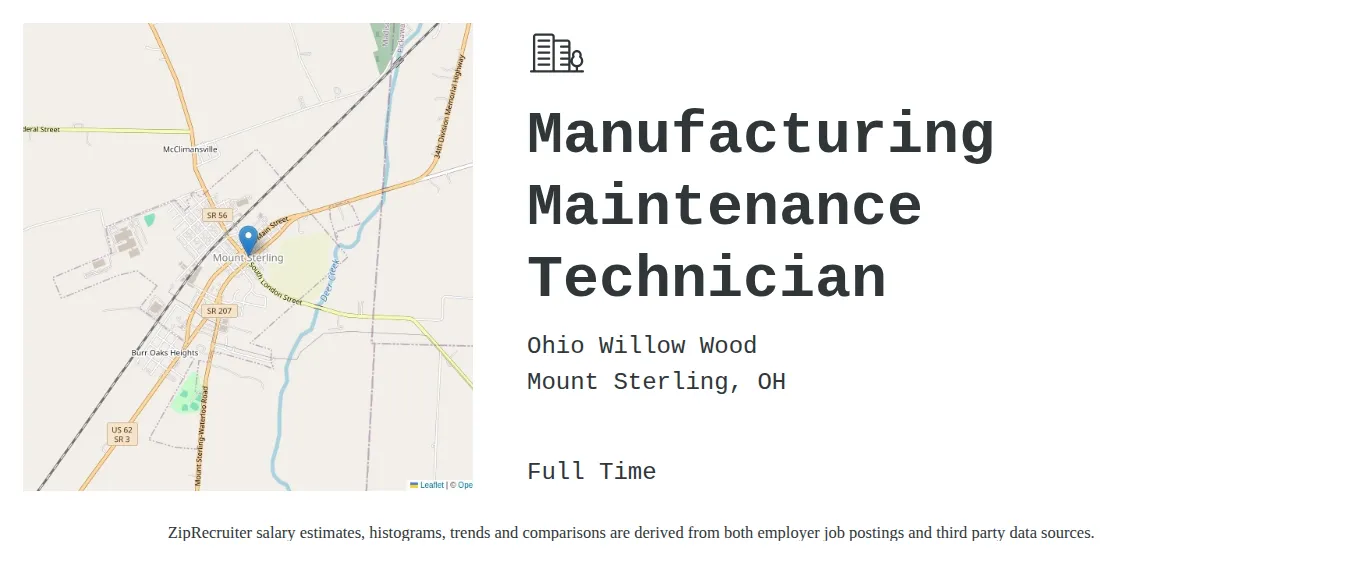 Ohio Willow Wood job posting for a Manufacturing Maintenance Technician in Mount Sterling, OH with a salary of $19 to $28 Hourly with a map of Mount Sterling location.