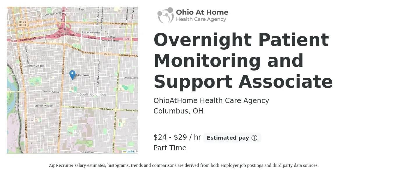 OhioAtHome Health Care Agency job posting for a Overnight Patient Monitoring and Support Associate in Columbus, OH with a salary of $25 to $31 Hourly and benefits including pto with a map of Columbus location.