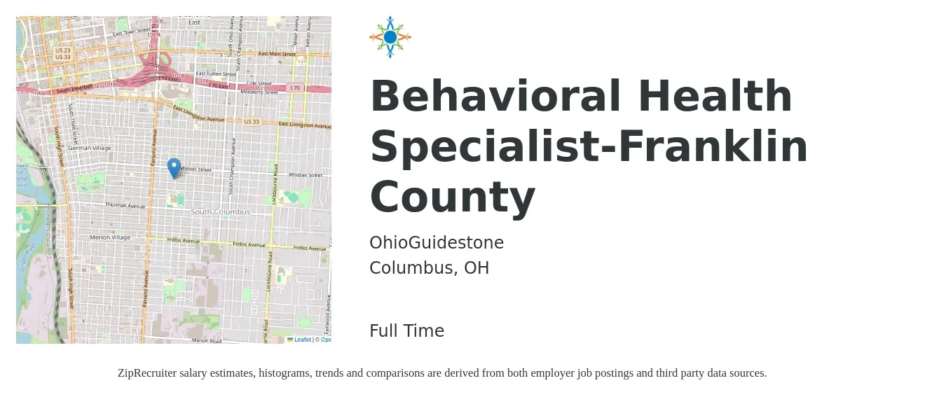 OhioGuidestone job posting for a Behavioral Health Specialist-Franklin County in Columbus, OH with a salary of $20 to $34 Hourly with a map of Columbus location.