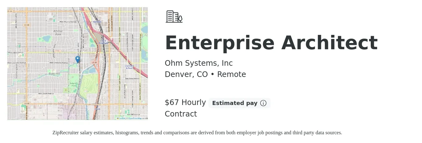 Ohm Systems, Inc job posting for a Enterprise Architect in Denver, CO with a salary of $70 Hourly with a map of Denver location.