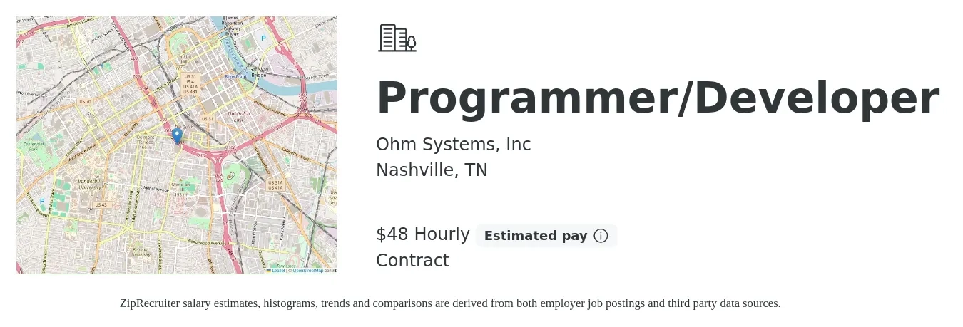 Ohm Systems, Inc job posting for a Programmer/Developer in Nashville, TN with a salary of $50 Hourly with a map of Nashville location.