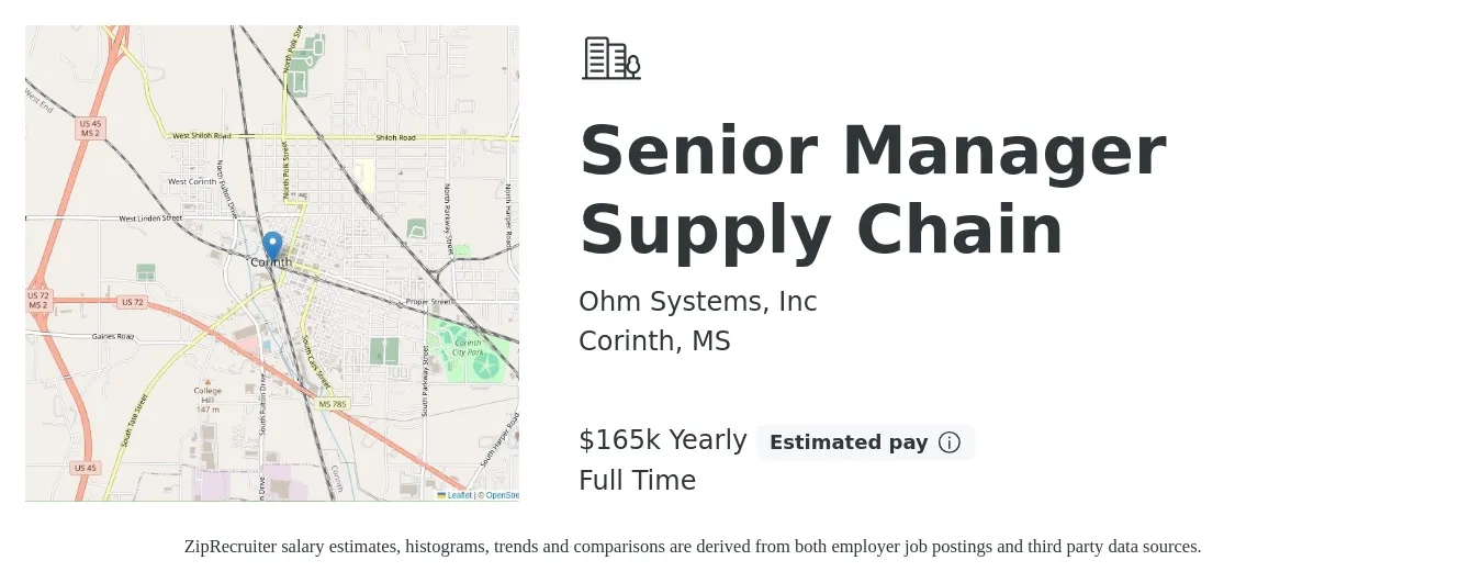 Ohm Systems, Inc job posting for a Senior Manager Supply Chain in Corinth, MS with a salary of $165,960 Yearly with a map of Corinth location.