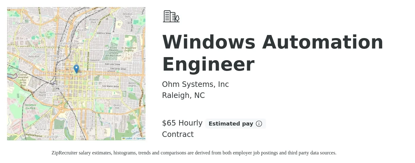 Ohm Systems, Inc job posting for a Windows Automation Engineer in Raleigh, NC with a salary of $68 Hourly with a map of Raleigh location.