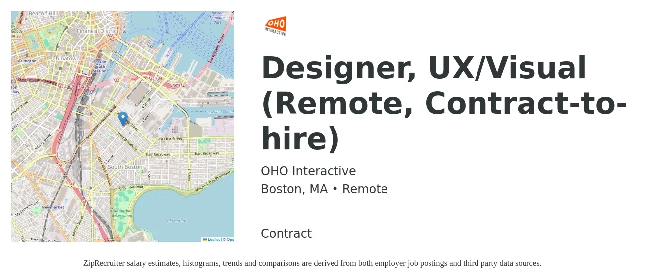 OHO Interactive job posting for a Designer, UX/Visual (Remote, Contract-to-hire) in Boston, MA with a salary of $67 to $81 Hourly with a map of Boston location.