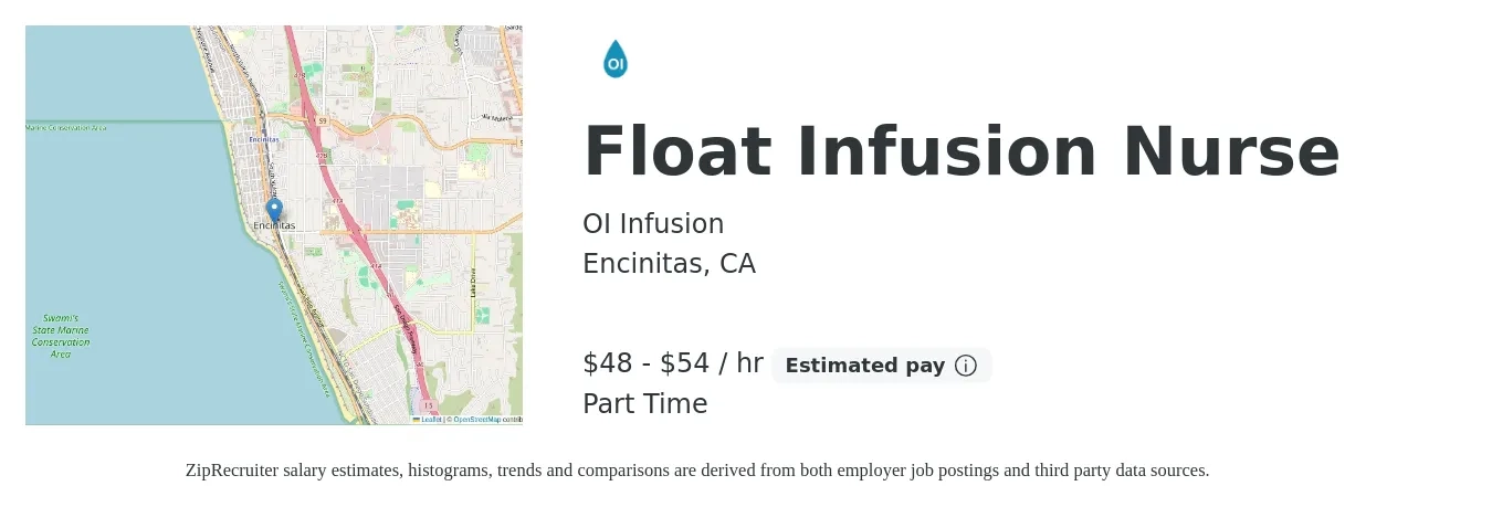 OI Infusion job posting for a Float Infusion Nurse in Encinitas, CA with a salary of $50 to $57 Hourly with a map of Encinitas location.