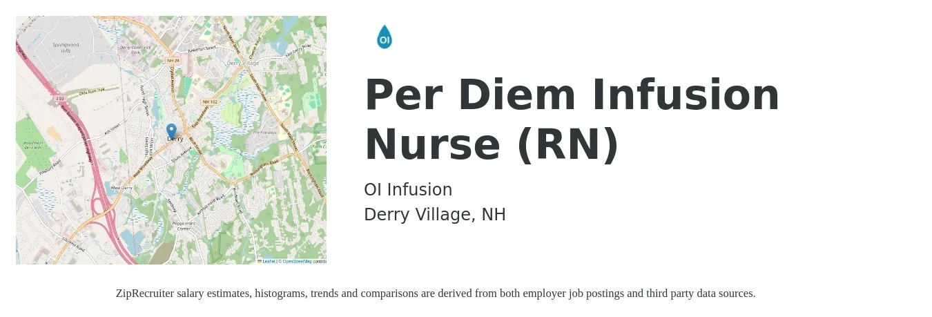 OI Infusion job posting for a Per Diem Infusion Nurse (RN) in Derry Village, NH with a salary of $38 to $53 Hourly with a map of Derry Village location.