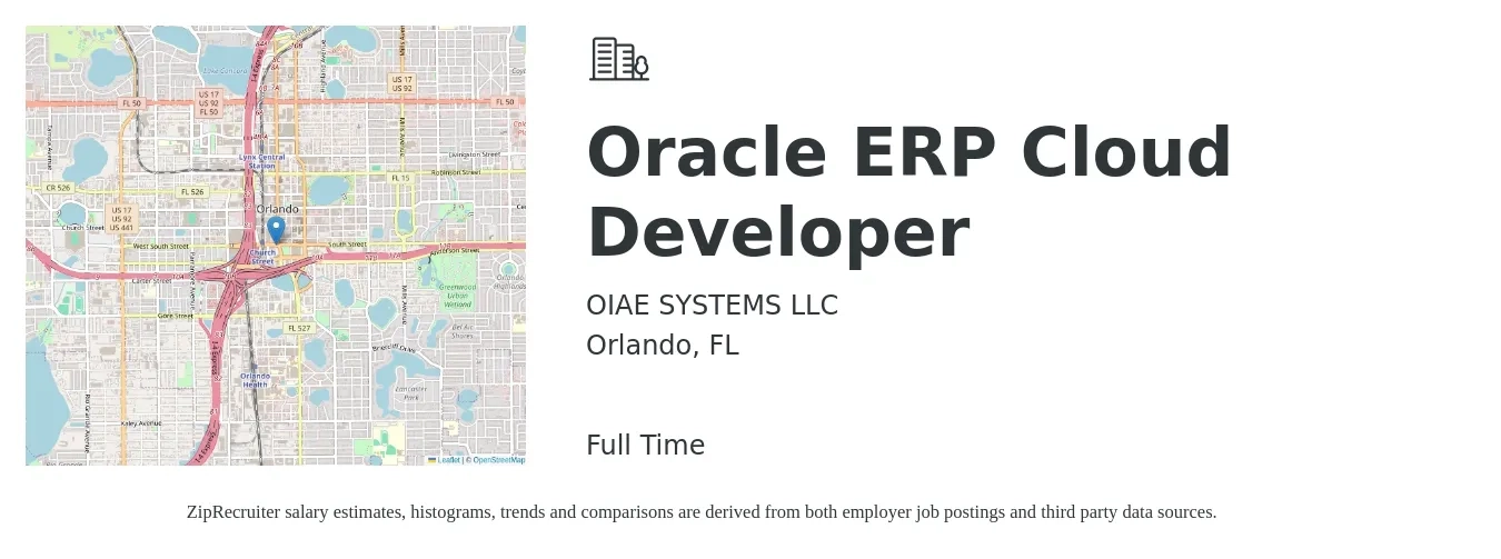 OIAE SYSTEMS LLC job posting for a Oracle ERP Cloud Developer in Orlando, FL with a salary of $52 to $72 Hourly with a map of Orlando location.