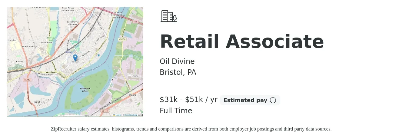 Oil Divine job posting for a Retail Associate in Bristol, PA with a salary of $31,200 to $51,000 Yearly with a map of Bristol location.