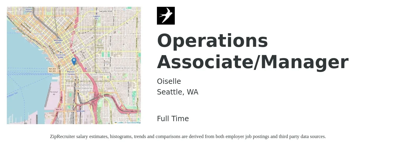 Oiselle job posting for a Operations Associate/Manager in Seattle, WA with a salary of $75,000 Yearly with a map of Seattle location.