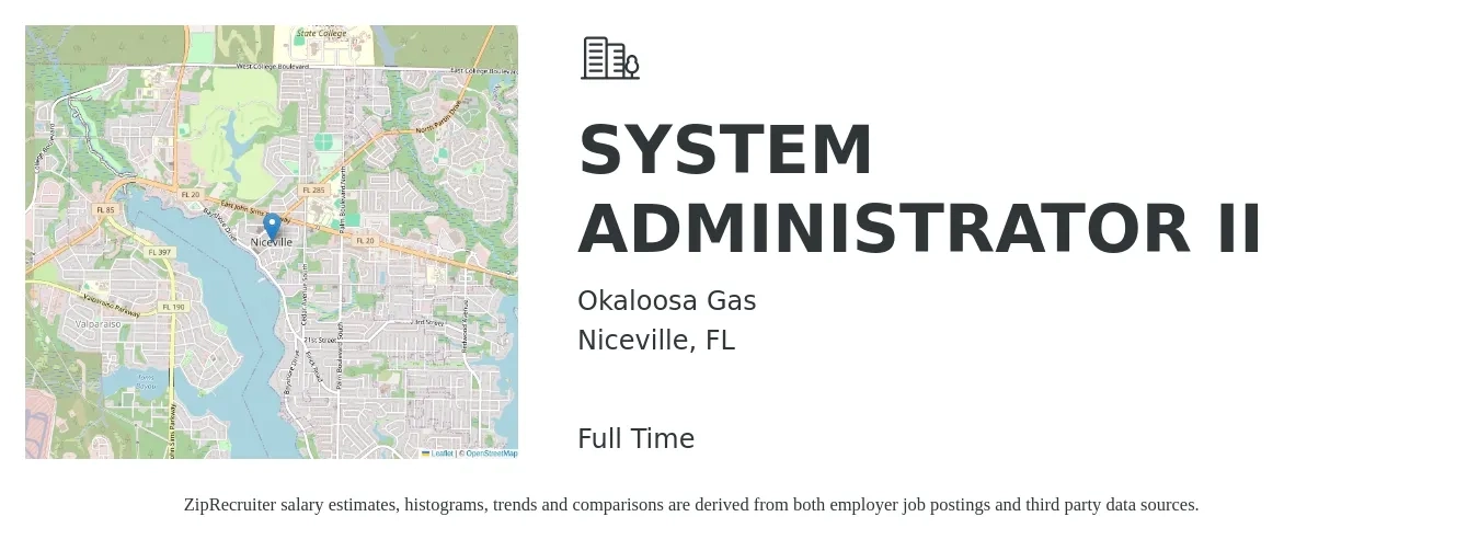 Okaloosa Gas job posting for a SYSTEM ADMINISTRATOR II in Niceville, FL with a salary of $73,798 Yearly with a map of Niceville location.