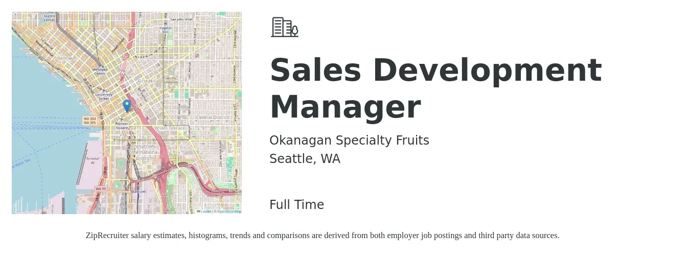 Okanagan Specialty Fruits job posting for a Sales Development Manager in Seattle, WA with a salary of $66,600 to $105,300 Yearly with a map of Seattle location.