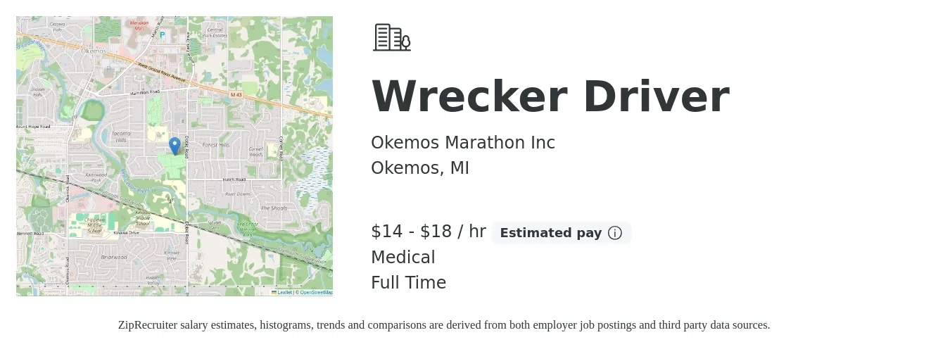Okemos Marathon Inc job posting for a Wrecker Driver in Okemos, MI with a salary of $15 to $19 Hourly and benefits including medical, and pto with a map of Okemos location.