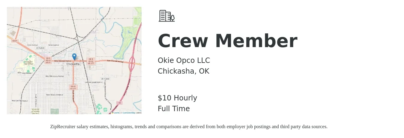 Okie Opco LLC job posting for a Crew Member in Chickasha, OK with a salary of $11 Hourly with a map of Chickasha location.