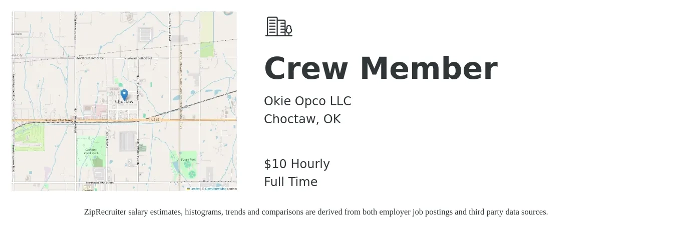 Okie Opco LLC job posting for a Crew Member in Choctaw, OK with a salary of $11 Hourly with a map of Choctaw location.