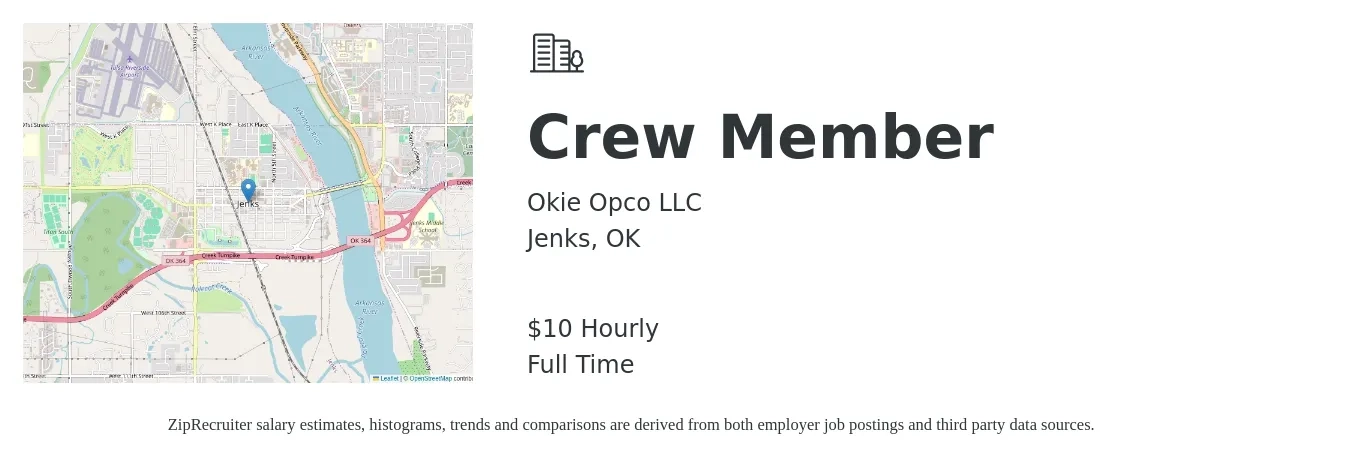 Okie Opco LLC job posting for a Crew Member in Jenks, OK with a salary of $11 Hourly with a map of Jenks location.