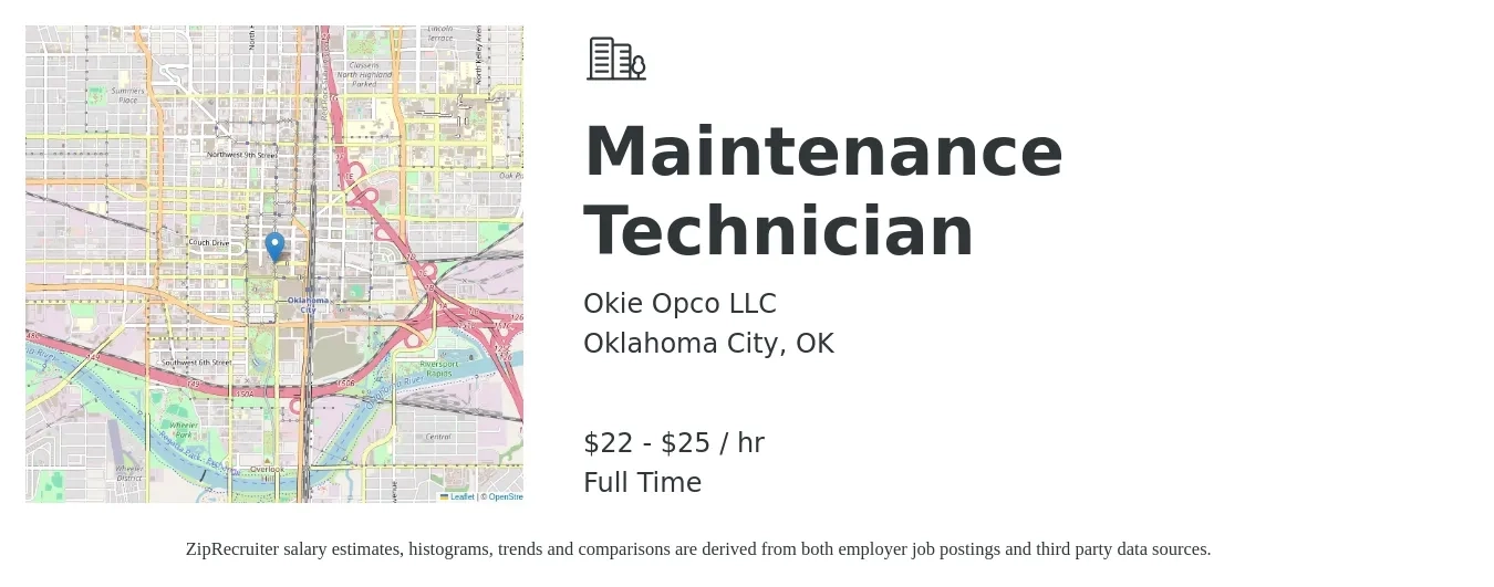 Okie Opco LLC job posting for a Maintenance Technician in Oklahoma City, OK with a salary of $18 to $23 Hourly with a map of Oklahoma City location.