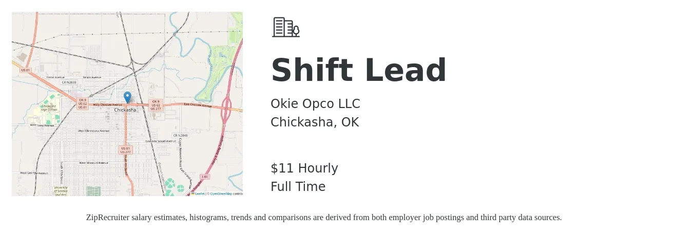 Okie Opco LLC job posting for a Shift Lead in Chickasha, OK with a salary of $12 Hourly with a map of Chickasha location.