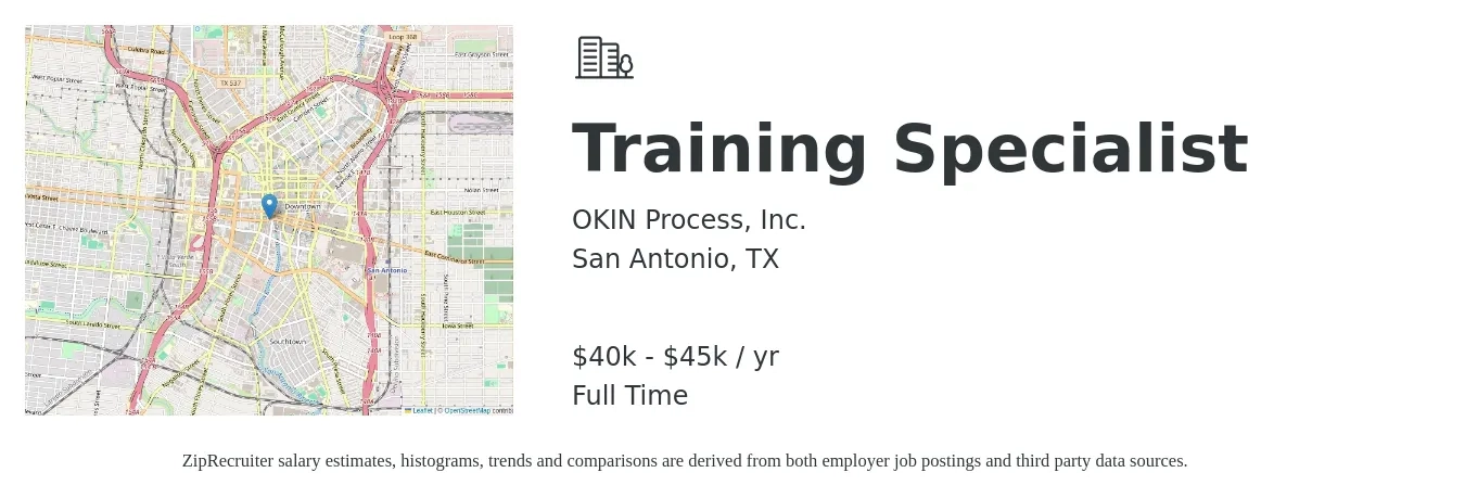 OKIN Process, Inc. job posting for a Training Specialist in San Antonio, TX with a salary of $40,000 to $45,000 Yearly with a map of San Antonio location.