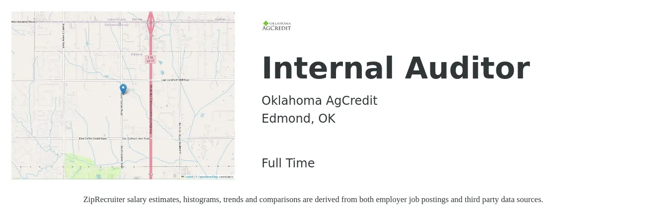 Oklahoma AgCredit job posting for a Internal Auditor in Edmond, OK with a salary of $53,800 to $81,300 Yearly with a map of Edmond location.