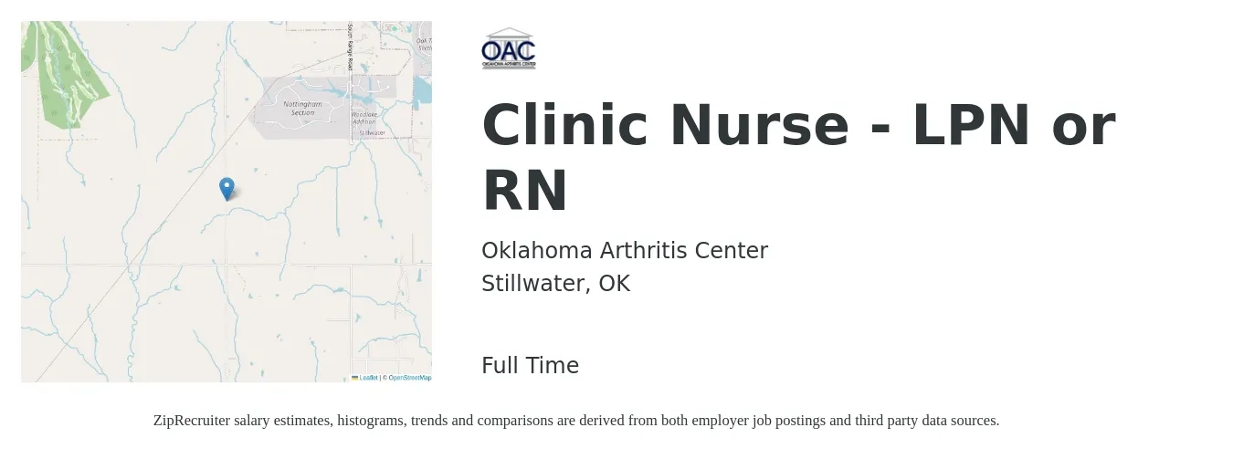 Oklahoma Arthritis Center job posting for a Clinic Nurse LPN or RN in Stillwater, OK with a salary of $22 to $30 Hourly with a map of Stillwater location.