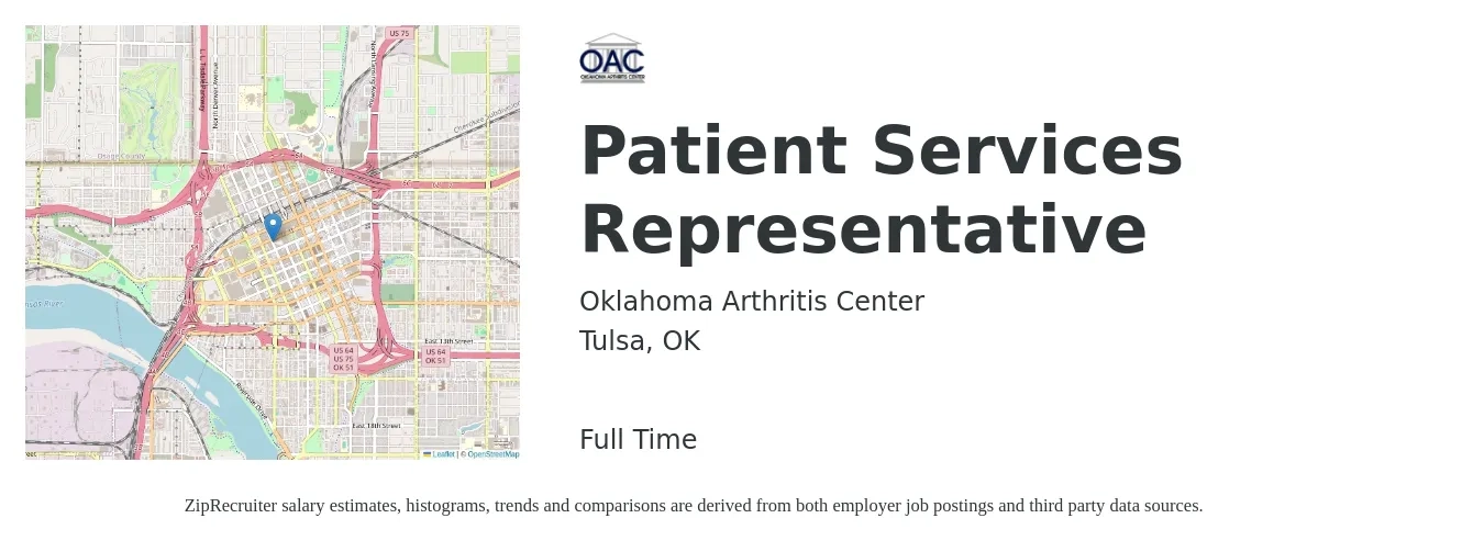 Oklahoma Arthritis Center job posting for a Patient Services Representative in Tulsa, OK with a salary of $14 to $18 Hourly with a map of Tulsa location.