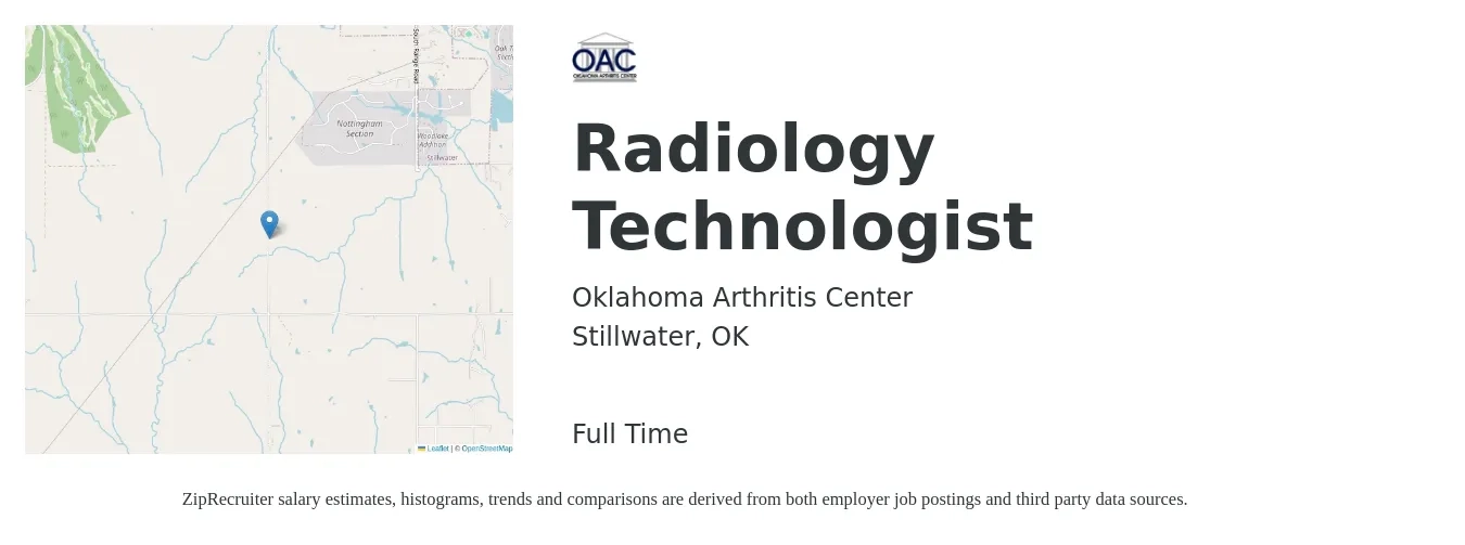 Oklahoma Arthritis Center job posting for a Radiology Technologist in Stillwater, OK with a salary of $970 to $2,010 Weekly with a map of Stillwater location.