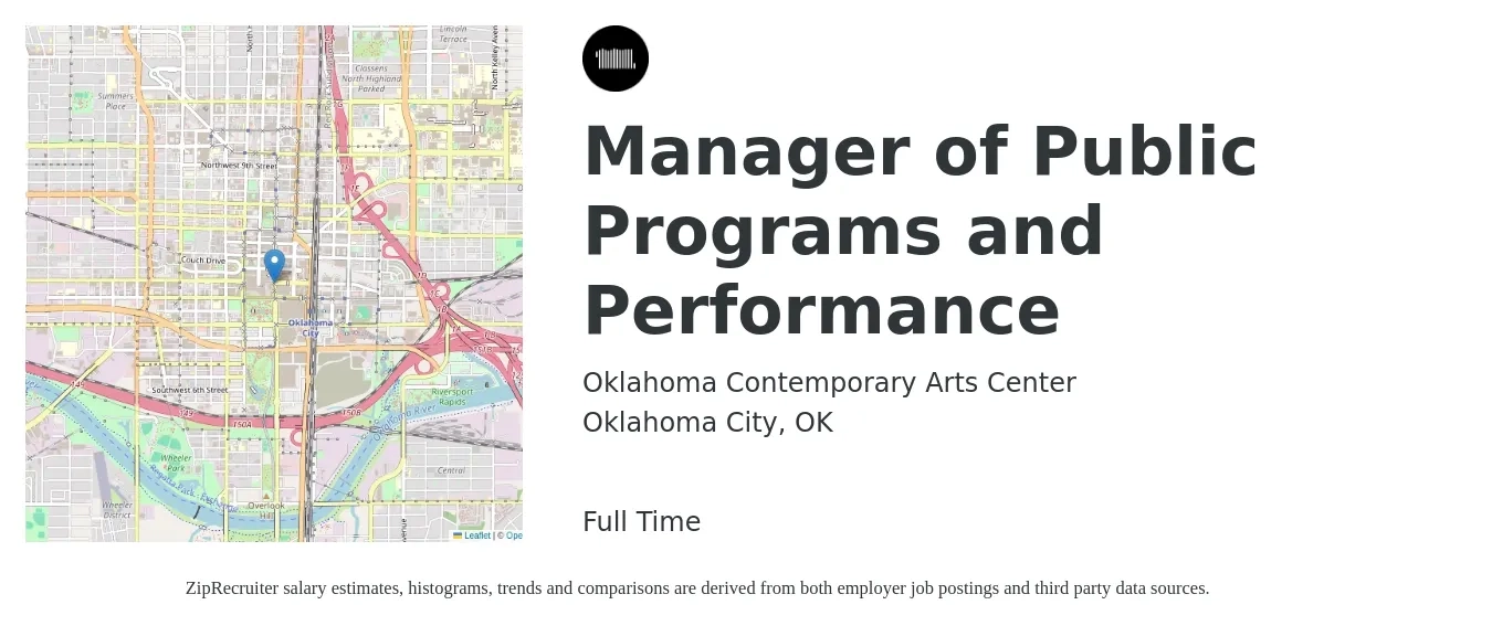 Oklahoma Contemporary Arts Center job posting for a Manager of Public Programs and Performance in Oklahoma City, OK with a salary of $60,800 to $117,000 Yearly with a map of Oklahoma City location.