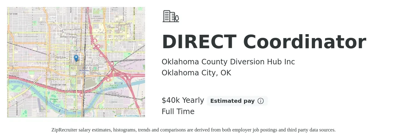 Oklahoma County Diversion Hub Inc job posting for a DIRECT Coordinator in Oklahoma City, OK with a salary of $40,000 Yearly with a map of Oklahoma City location.