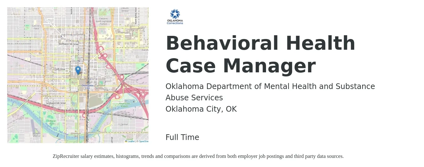 Oklahoma Department of Mental Health and Substance Abuse Services job posting for a Behavioral Health Case Manager in Oklahoma City, OK with a salary of $22 Hourly with a map of Oklahoma City location.