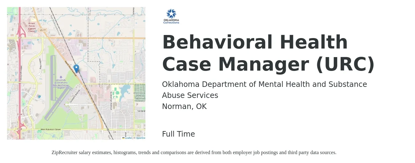 Oklahoma Department of Mental Health and Substance Abuse Services job posting for a Behavioral Health Case Manager (URC) in Norman, OK with a salary of $51,699 to $69,709 Yearly with a map of Norman location.
