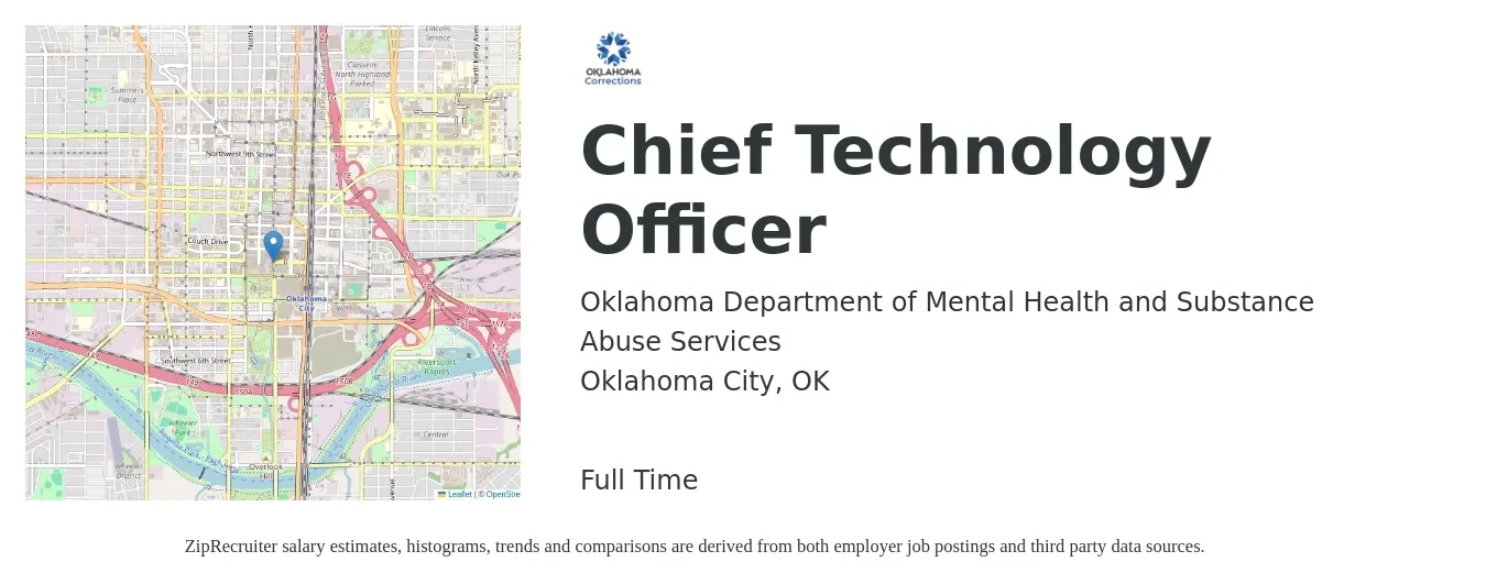 Oklahoma Department of Mental Health and Substance Abuse Services job posting for a Chief Technology Officer in Oklahoma City, OK with a salary of $125,000 Yearly with a map of Oklahoma City location.