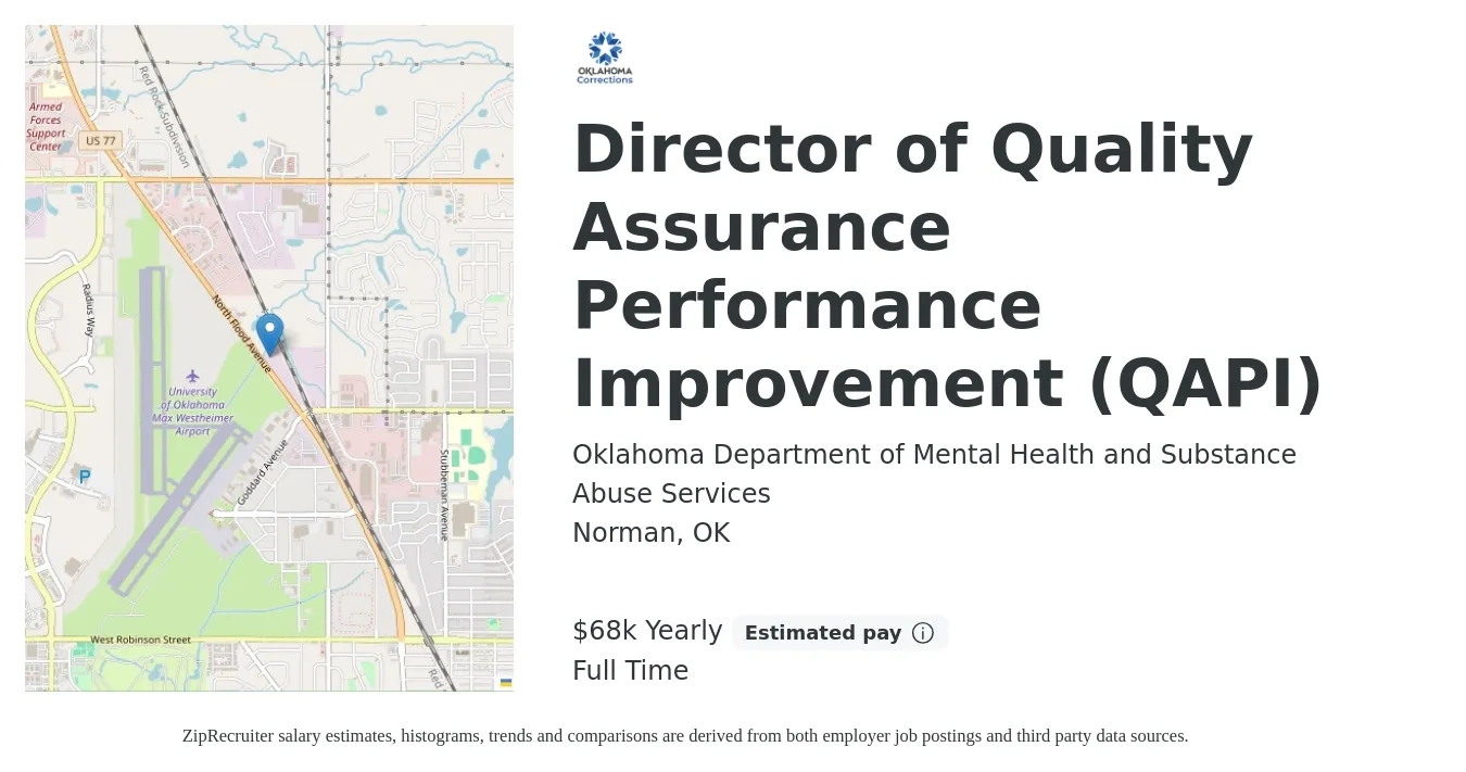 Oklahoma Department of Mental Health and Substance Abuse Services job posting for a Director of Quality Assurance Performance Improvement (QAPI) in Norman, OK with a salary of $68,000 Yearly with a map of Norman location.