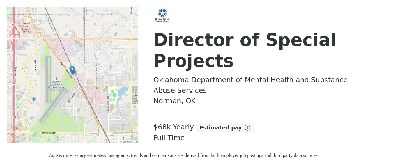 Oklahoma Department of Mental Health and Substance Abuse Services job posting for a Director of Special Projects in Norman, OK with a salary of $68,000 Yearly with a map of Norman location.