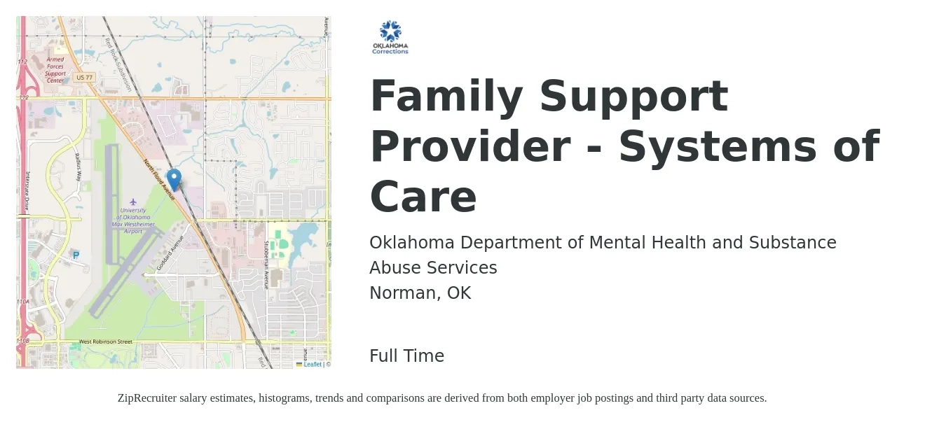 Oklahoma Department of Mental Health and Substance Abuse Services job posting for a Family Support Provider - Systems of Care in Norman, OK with a salary of $34,500 Yearly with a map of Norman location.