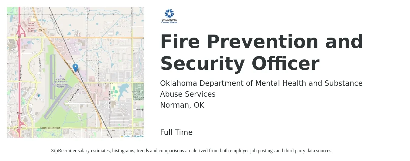 Oklahoma Department of Mental Health and Substance Abuse Services job posting for a Fire Prevention and Security Officer in Norman, OK with a salary of $41,629 to $54,339 Yearly with a map of Norman location.