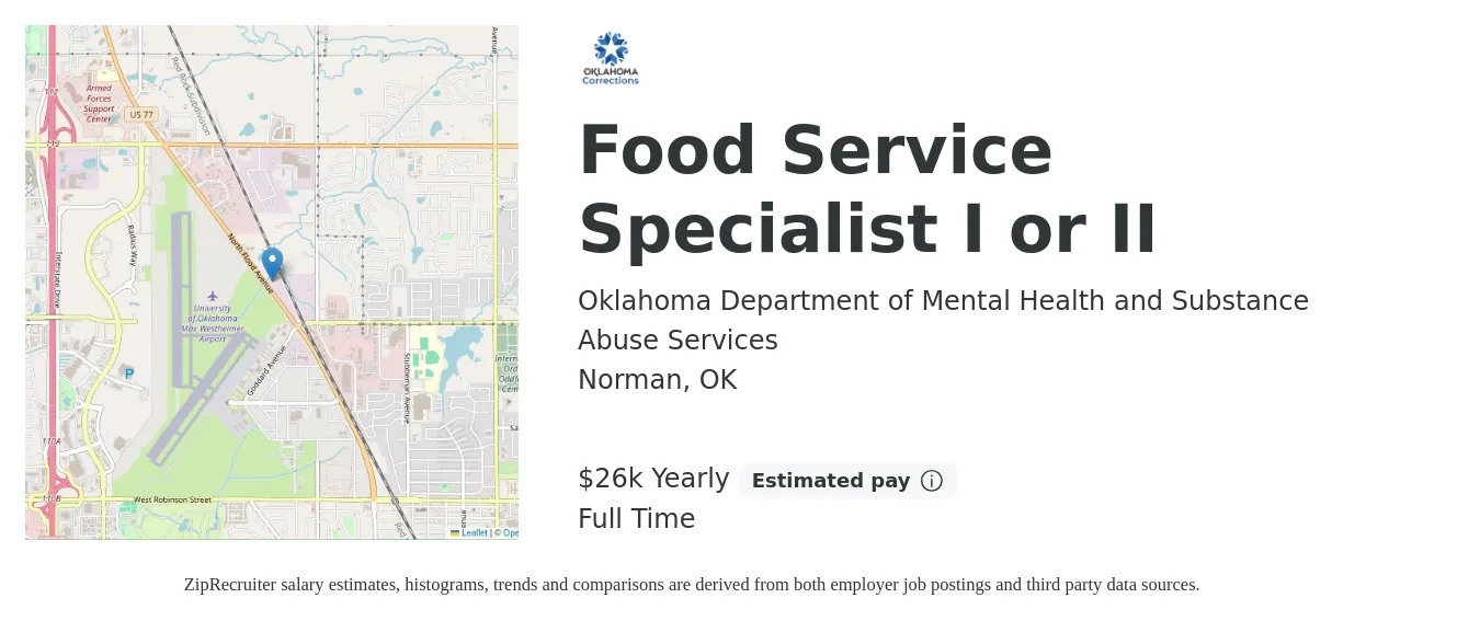 Oklahoma Department of Mental Health and Substance Abuse Services job posting for a Food Service Specialist I or II in Norman, OK with a salary of $26,000 Yearly with a map of Norman location.