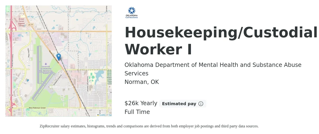 Oklahoma Department of Mental Health and Substance Abuse Services job posting for a Housekeeping/Custodial Worker I in Norman, OK with a salary of $26,000 Yearly with a map of Norman location.