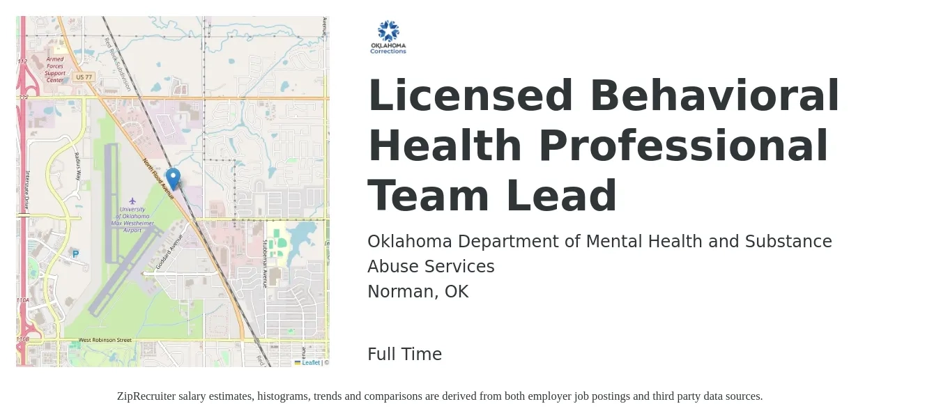 Oklahoma Department of Mental Health and Substance Abuse Services job posting for a Licensed Behavioral Health Professional Team Lead in Norman, OK with a salary of $36 Hourly with a map of Norman location.