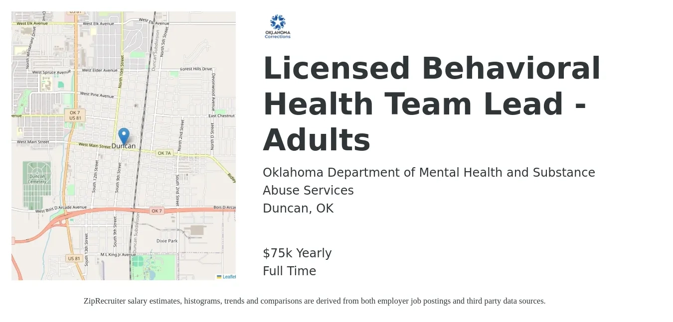 Oklahoma Department of Mental Health and Substance Abuse Services job posting for a Licensed Behavioral Health Team Lead - Adults in Duncan, OK with a salary of $75,000 Yearly with a map of Duncan location.