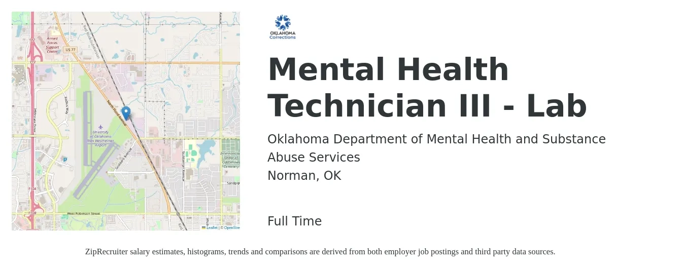 Oklahoma Department of Mental Health and Substance Abuse Services job posting for a Mental Health Technician III - Lab in Norman, OK with a salary of $34,518 Yearly with a map of Norman location.