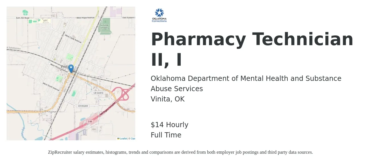 Oklahoma Department of Mental Health and Substance Abuse Services job posting for a Pharmacy Technician II, I in Vinita, OK with a salary of $15 Hourly with a map of Vinita location.