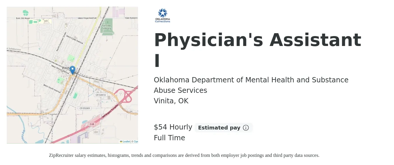 Oklahoma Department of Mental Health and Substance Abuse Services job posting for a Physician's Assistant I in Vinita, OK with a salary of $57 Hourly with a map of Vinita location.