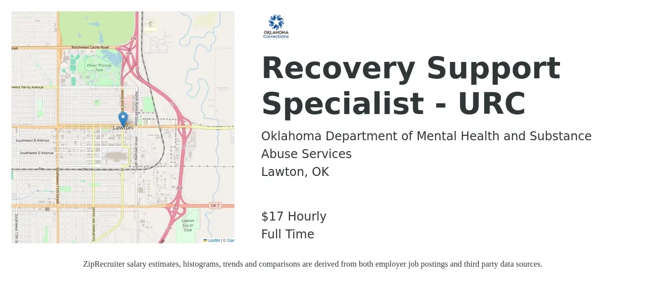 Oklahoma Department of Mental Health and Substance Abuse Services job posting for a Recovery Support Specialist - URC in Lawton, OK with a salary of $18 Hourly with a map of Lawton location.