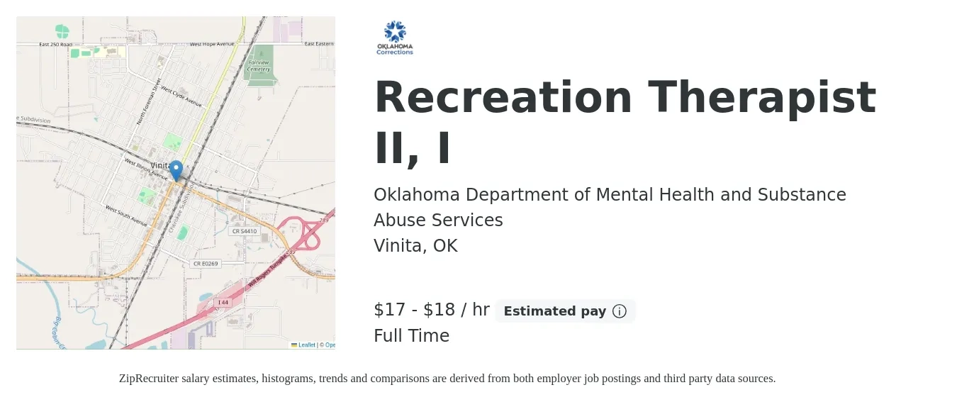 Oklahoma Department of Mental Health and Substance Abuse Services job posting for a Recreation Therapist II, I in Vinita, OK with a salary of $19 Hourly with a map of Vinita location.