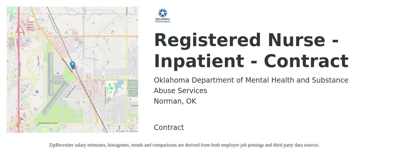 Oklahoma Department of Mental Health and Substance Abuse Services job posting for a Registered Nurse - Inpatient - Contract in Norman, OK with a salary of $58 Hourly with a map of Norman location.