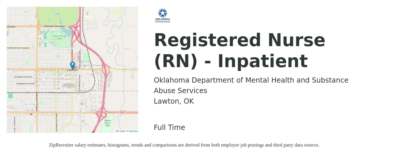 Oklahoma Department of Mental Health and Substance Abuse Services job posting for a Registered Nurse (RN) - Inpatient in Lawton, OK with a salary of $76,500 Yearly with a map of Lawton location.